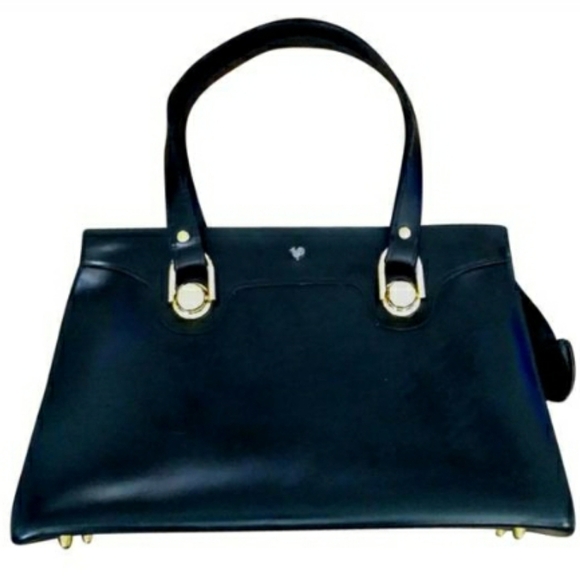 Vintage 50s Engler's Black Leather Satchel With Gold Hardware - Picture 1 of 7